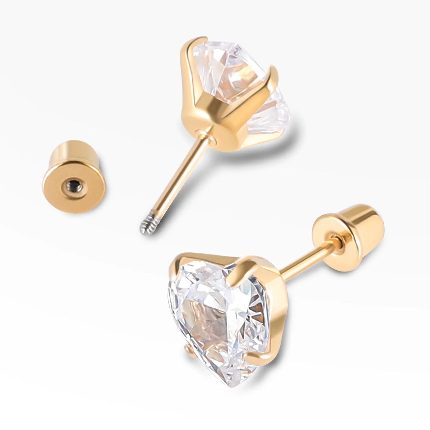 6-teiliges Ohrstecker-Set aus Edelstahl mit Schraubverschluss, vergoldet, Herz, Stern, quadratisch, Prinzessinnenschliff, rund, Zirkonia, CZ