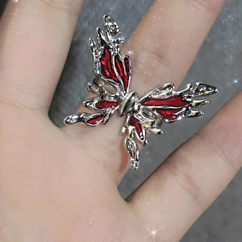 Verstellbarer Öffnungsring für Frauen, unregelmäßiger roter Kristallglas-Herz, ästhetische Ringe, Gothic-Tier-Spinnenring, kreativer Schmuck