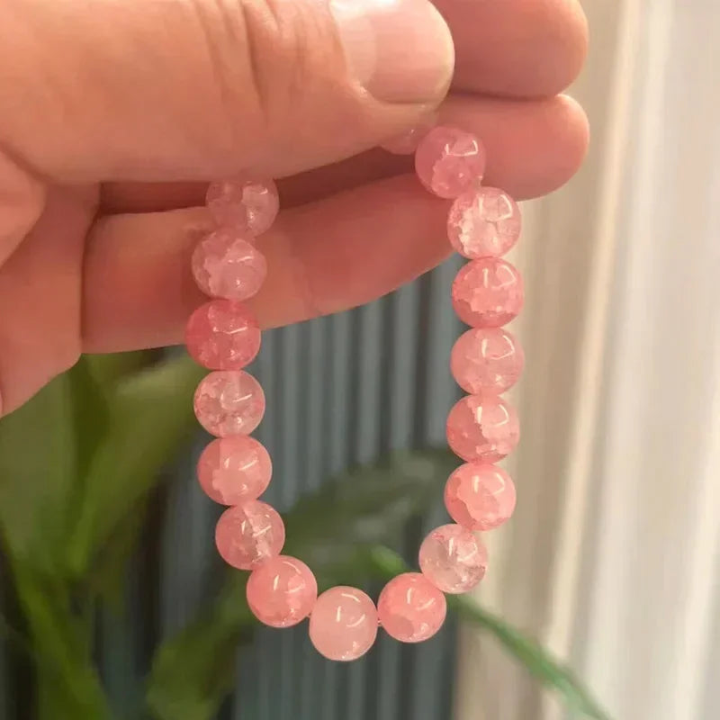 Natürliches rosa/buntes Kristall-/Porzellan-Armband mit Eis-Rissmuster und gemusterten Perlen, einzelner Kreis, glücklicher Heilstein, Schmuck, Geschenk