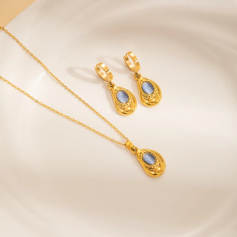 Uorich Vintage Mode Edelstahl vergoldet 18k eingelegte farbige Opal Halskette Ohrringe für Frauen Schmuck Set Party Geschenk