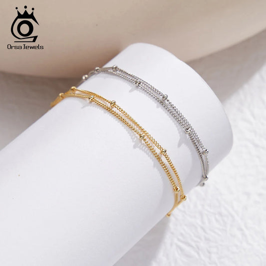 ORSA JEWELS Trendiges Doppelschichten-Armband mit kleinen runden Perlen, Damen-Handarmband, 925er Silberkette, einfaches Kugelarmband SB198