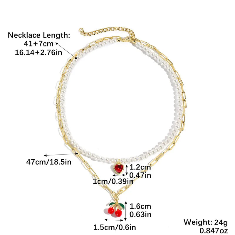 Süße einfache rote Kirsche Anhänger Schlüsselbein Halsketten für Frauen Kragen Metall Barock Perle Ketten Halskette Hochzeit Schmuck Geschenke