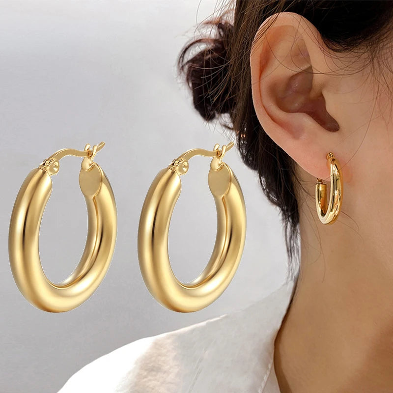 Klassische Mode Glatte Runde Creolen Für Frauen Edelstahl 5mm Dicke Ohr Schnalle Huggie Ohrringe Kreis Vintage-Schmuck