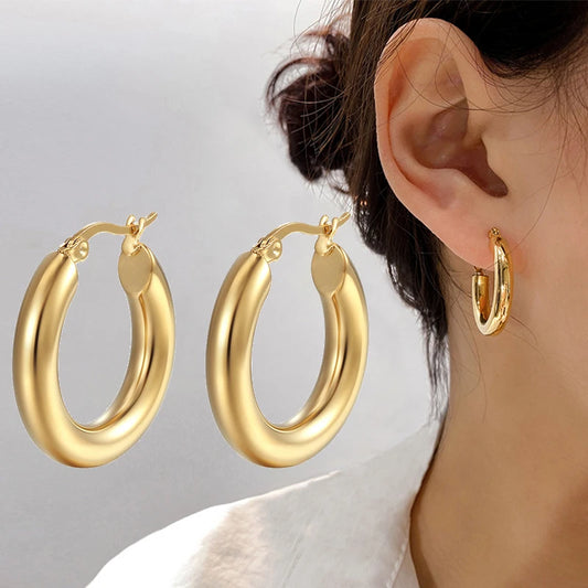 Klassische Mode Glatte Runde Creolen Für Frauen Edelstahl 5mm Dicke Ohr Schnalle Huggie Ohrringe Kreis Vintage-Schmuck