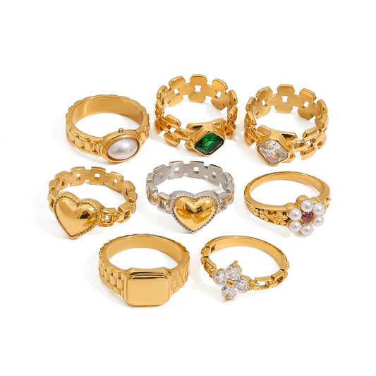 Youthway Minimalistisches Luxus-Ring-Set aus 18 Karat vergoldetem Edelstahl mit geometrischer ovaler Zirkonperle in Uhrenform für Damen, Schmuck für den Alltag