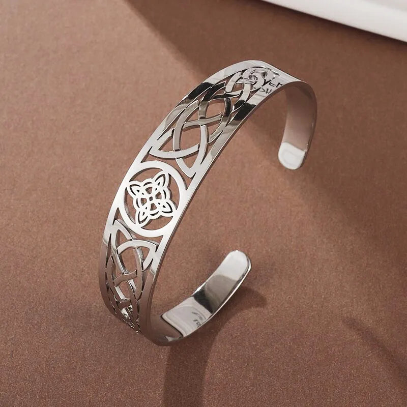 Hexenknoten-Manschettenarmband aus Edelstahl, heidnisches Hexerei-Symbol, magischer Knoten, viel Glück, Amulett, Armreifen, keltischer Knoten, Schmuck