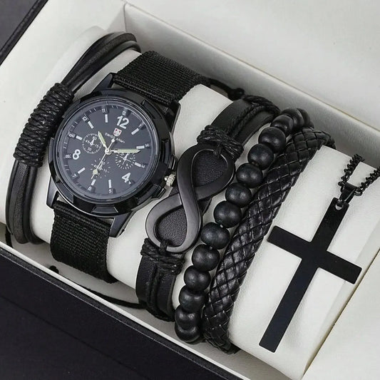 6pcs_Set Modisches Perlenarmband aus Pu-Leder in '8-Form mit mechanischer Uhr, Kreuz-Anhänger-Halskette für Herren, schwarz gefärbt