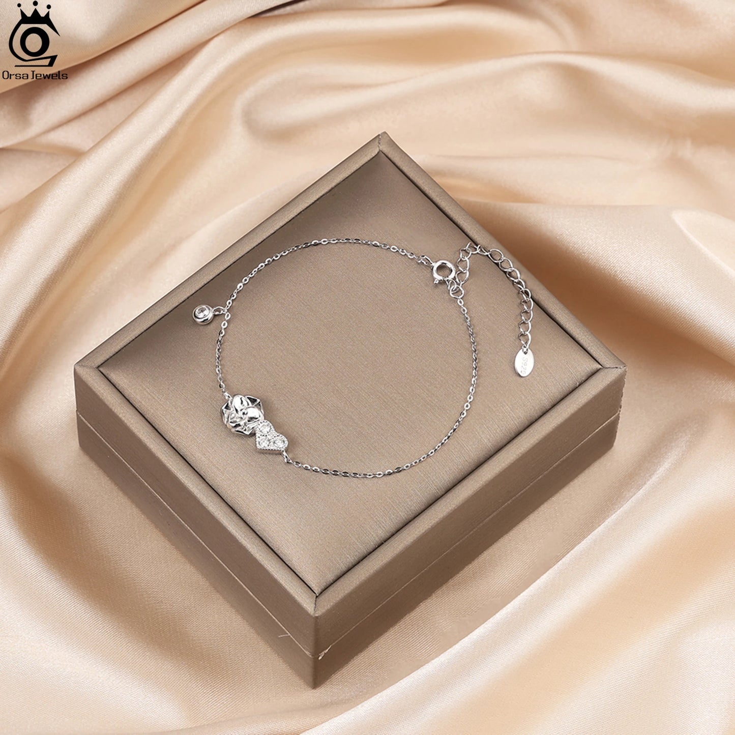 ORSA JEWELS Herz-Zirkonia-Kettenarmband aus 925er-Sterlingsilber, O-Kette, Blumendesign, Naturstil, trendige Damen-Accessoires APB09