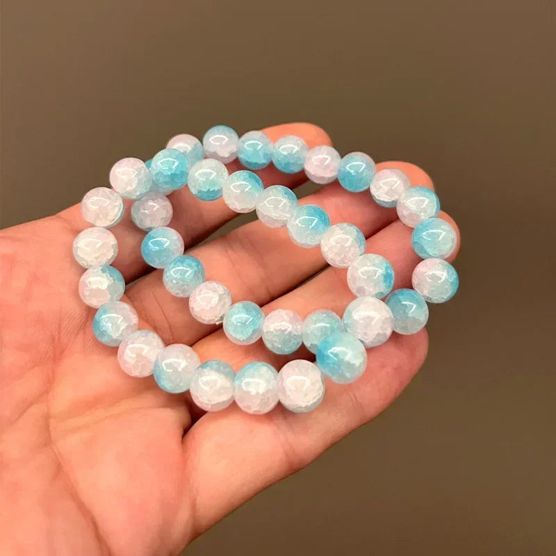Natürliches rosa/buntes Kristall-/Porzellan-Armband mit Eis-Rissmuster und gemusterten Perlen, einzelner Kreis, glücklicher Heilstein, Schmuck, Geschenk