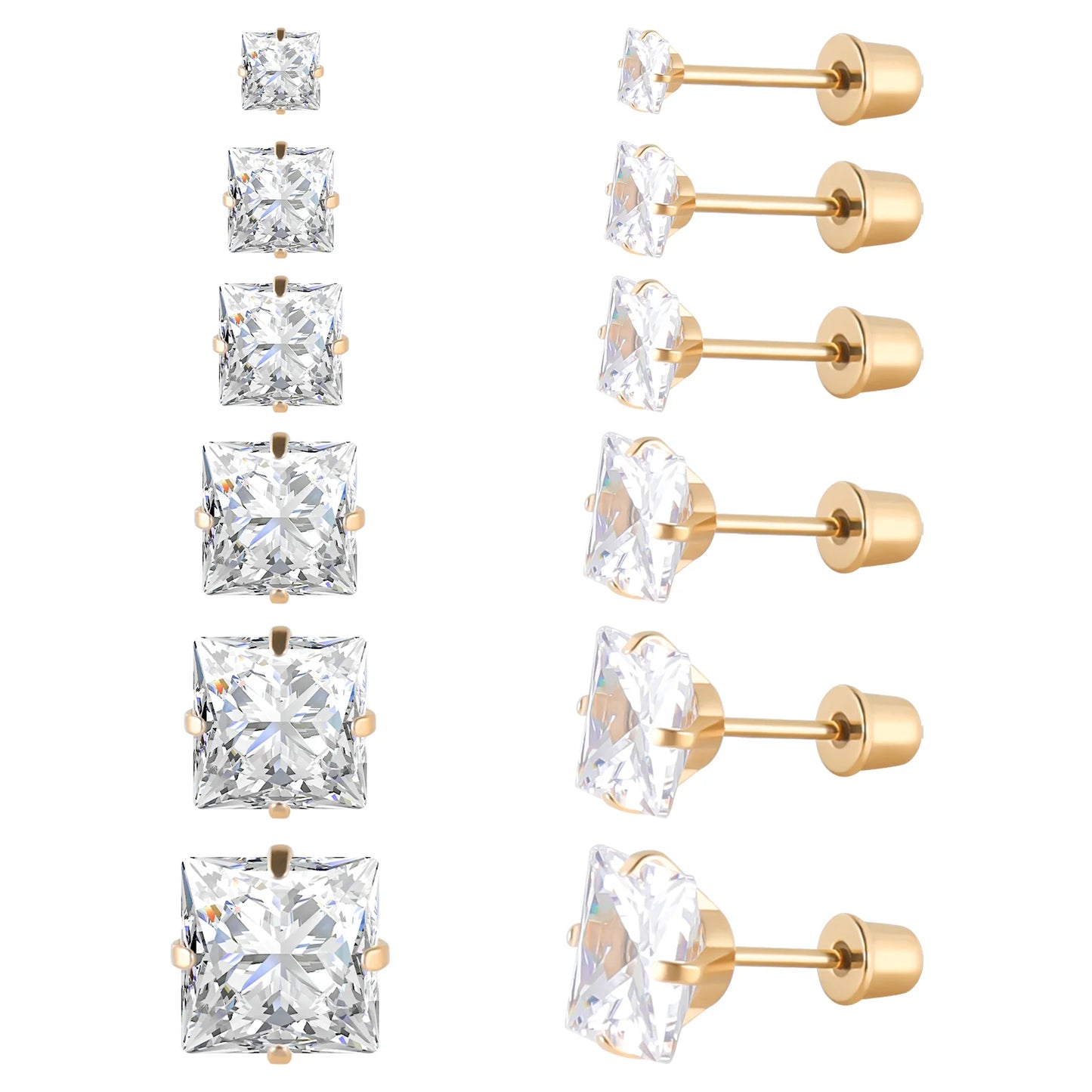 6-teiliges Ohrstecker-Set aus Edelstahl mit Schraubverschluss, vergoldet, Herz, Stern, quadratisch, Prinzessinnenschliff, rund, Zirkonia, CZ