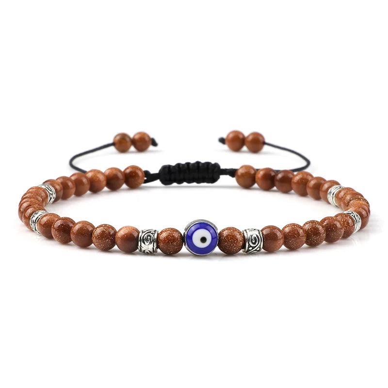 Evil Eye Armband, 4 mm, natürliche schwarze, matte Lavasteinperlen, handgefertigtes geflochtenes Armband für Männer und Frauen, Yoga, Reiki, verstellbarer Schmuck