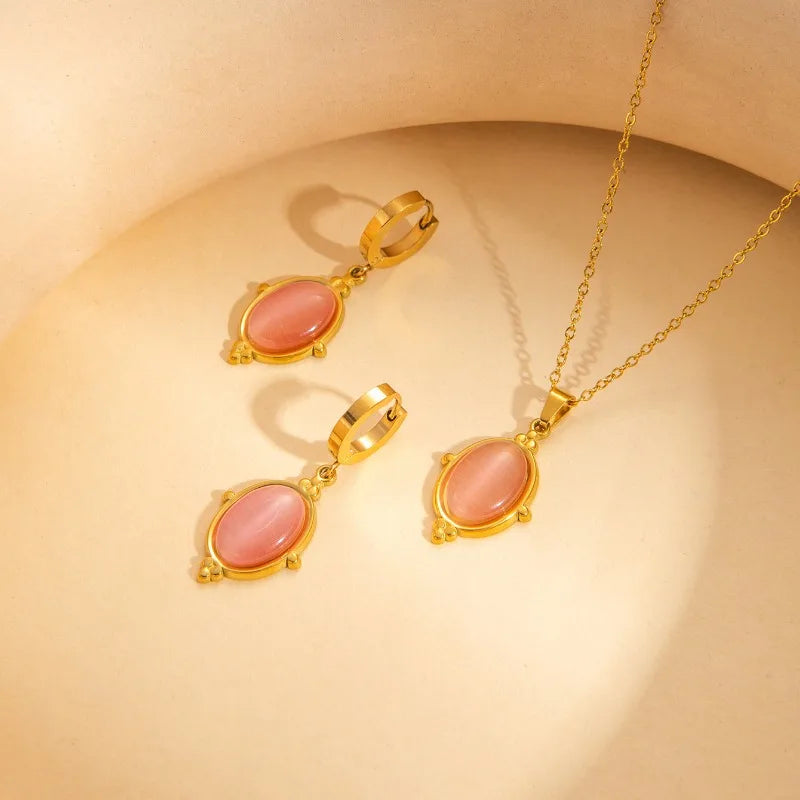 Uorich Vintage Mode Edelstahl vergoldet 18k eingelegte farbige Opal Halskette Ohrringe für Frauen Schmuck Set Party Geschenk