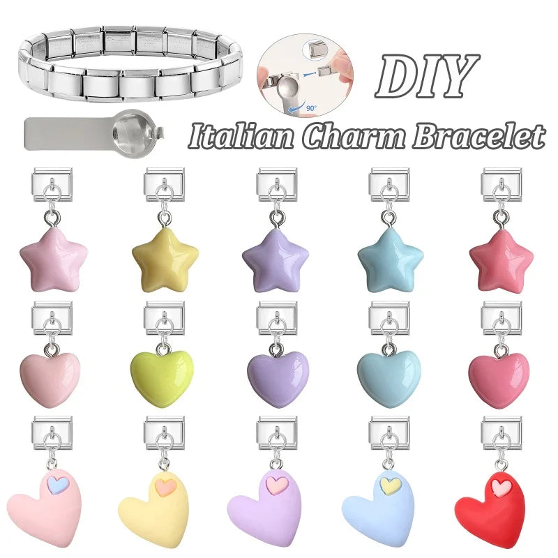 Lila Rosa Blau Schleife Knoten Herz Muschel Muschel Anhänger Italienischer Charm Link Fit 9MM Armband Edelstahl Männer Frauen DIY Herstellung