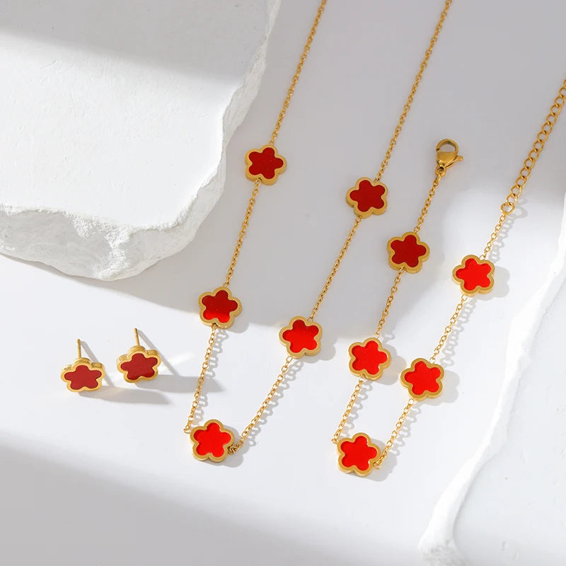 Eilieck 316l Edelstahl rot fünf blättriges Kleeblatt Halskette Armbänder Ohrringe Set für Frauen neue trend ige Geschenk Blumen Schmuck Set