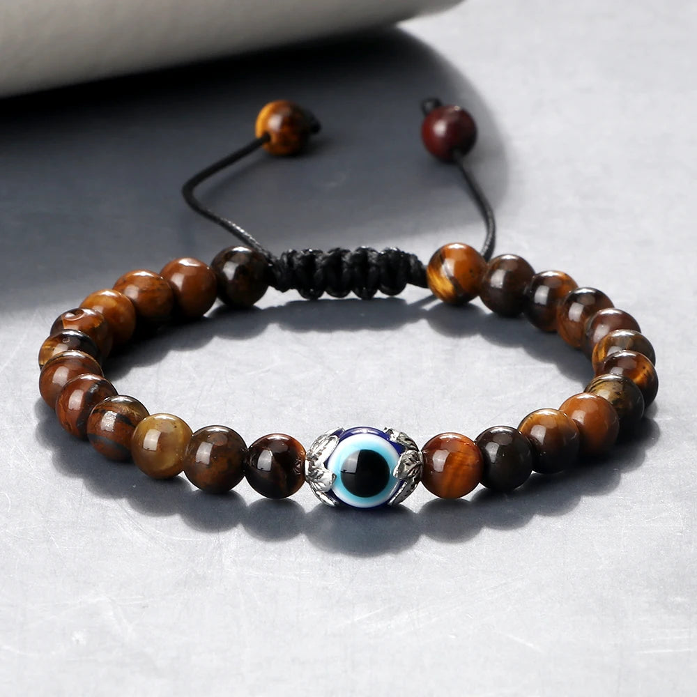 Mode Trendy Männer Türkische Bösen blick Armbänder 6mm Natürliche Tigerauge Vulkangestein Armbänder Frauen Geflochtene Amulett Schmuck Geschenke