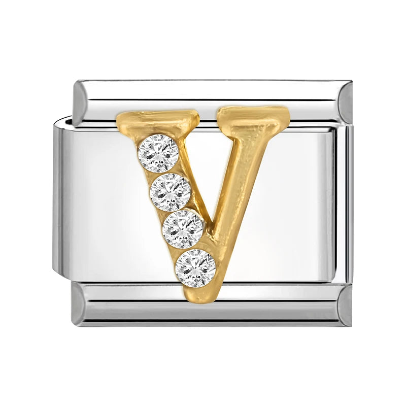 Neues modisches italienisches Armband mit 26 englischen Buchstaben, Edelstahl-Armreif, goldfarben, eingelegter Zirkonia, DIY-Herstellung von Schmuck, Geschenken