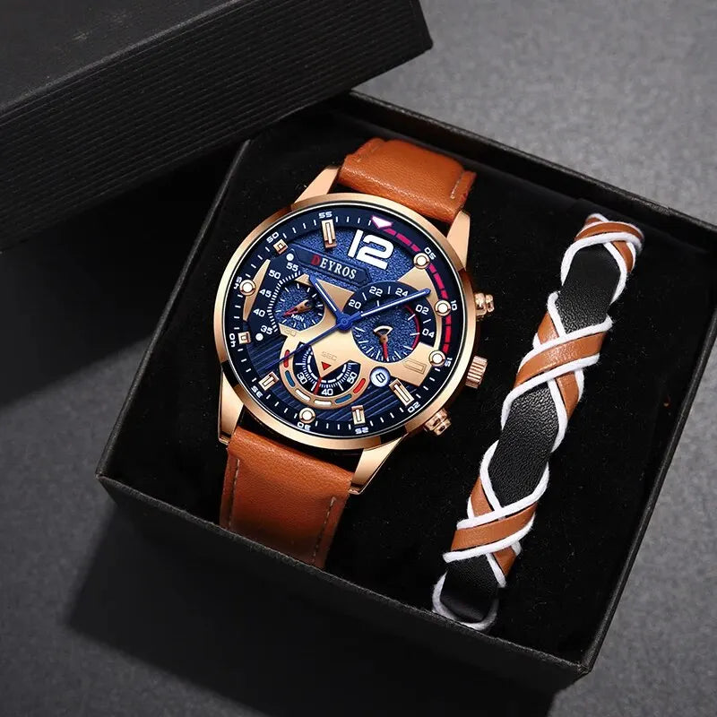 2 Stück Set Mode Herren Kalender Uhren Luxus männlich Business lässig braun Leder Quarzuhr Männer Armband Armbanduhr