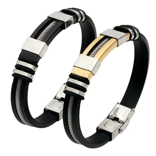 HNSP Edelstahl Silikon Leder Armband Für Männer Kabel Linie Hand Kette Punk Schmuck Zubehör Männlich Geschenk