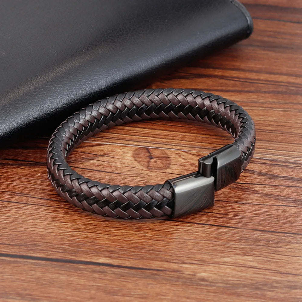 MKENDN Punk Männer Geflochtene Echte Schwarz Kaffee Leder Armband Schwarz Edelstahl Magnetische Schnalle Armband Geschenke Homme Pulsera