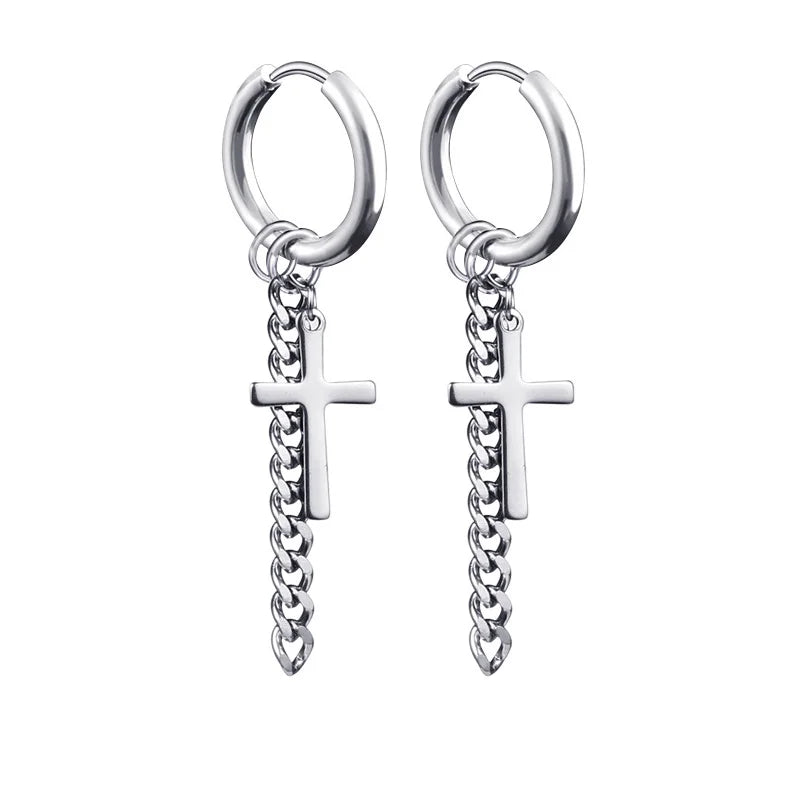 Neueste 1 Paar Edelstahl Kreuz Anhänger Baumeln Lange Quaste Unisex Creolen Männer/Frauen Punk Gothic Schmuck Beste Geschenke