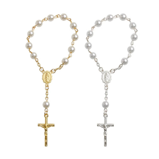 Tauf-Mini-Rosenkranz, elfenbeinfarbene Kunstperlen für Kreuz-Armband, für Taufe/Babyparty, Hochzeit/Urlaub