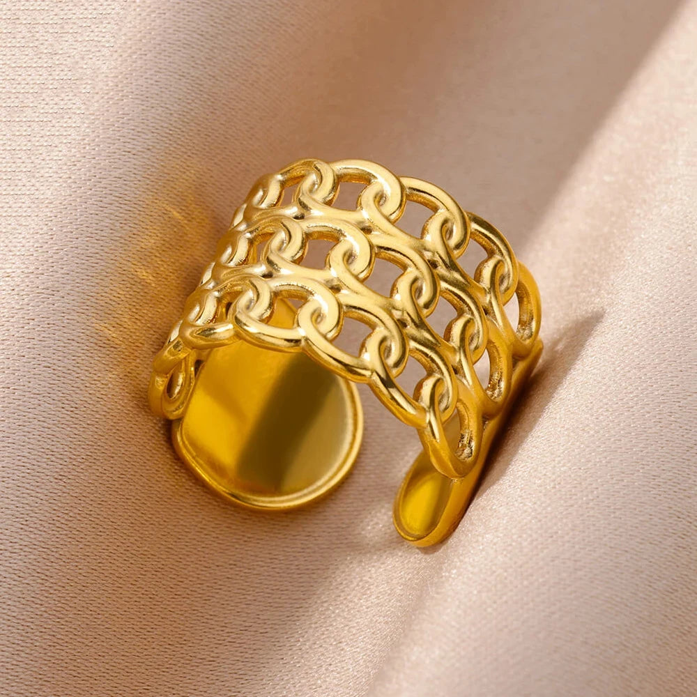 Edelstahl Ringe Für Frauen Männer Gold Farbe Hohl Weit Offenen Ring Weiblich Männlich Mode Hochzeit Party Finger Schmuck Geschenk 2024