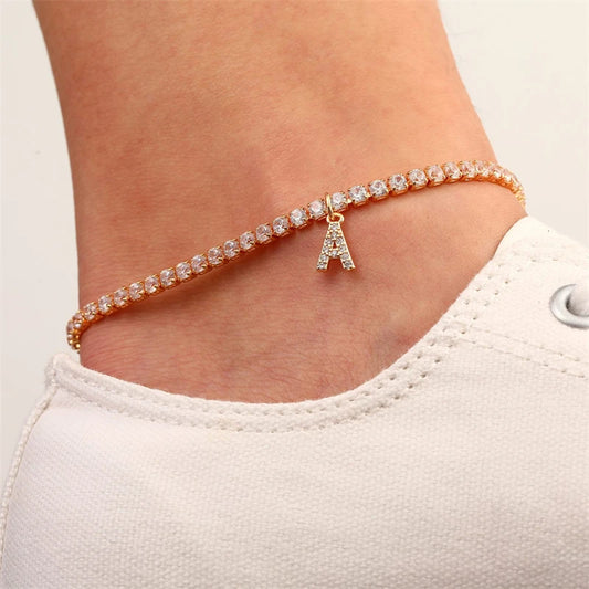 A-Z Fußkettchen mit 26 Anfangsbuchstaben für Frauen, Kristallzirkon, Alphabet, kubanische Gliederkette, Strandbein-Armbänder, böhmischer Schmuck, Geschenk