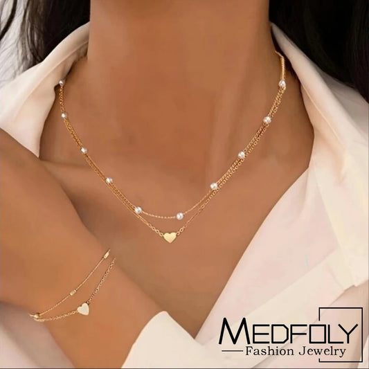 MEDFOLY 4-teiliges Charm-Armband und Halsketten-Set für Damen, 14 Karat vergoldet, Herz-Perlen-Anhänger, Halskette, Sommer, Strand, Schmuck, Geschenke