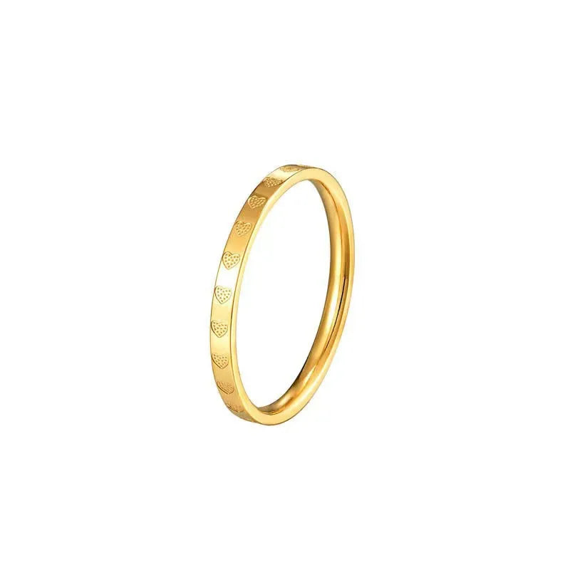 Goldene Edelstahl 2mm Liebe Herz Muster Ringe Damen Größe 5/6/7/8/9/10 #   Dünner Fingerring, Ehering, Verlobungsschmuck