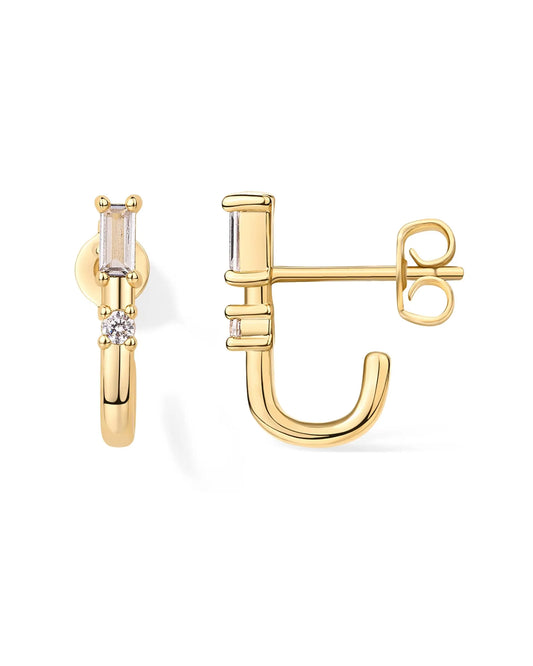 Shevalu Damen-Ohrringe mit kubischem Zirkonia, halbe Huggie-Ohrringe, neu, 18 Karat vergoldet, Creolen-Ohrring mit Sterlingsilberpfosten, Ohrstecker