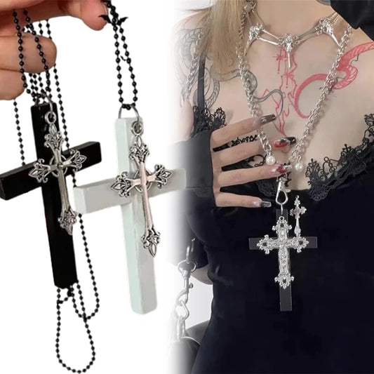 Y2K Holz Kreuz Schwarz Bohrer Anhänger Halskette für Frauen Männer Mode Vintage Coole Würzige Mädchen Hip Hop Halskette Party Schmuck Geschenke