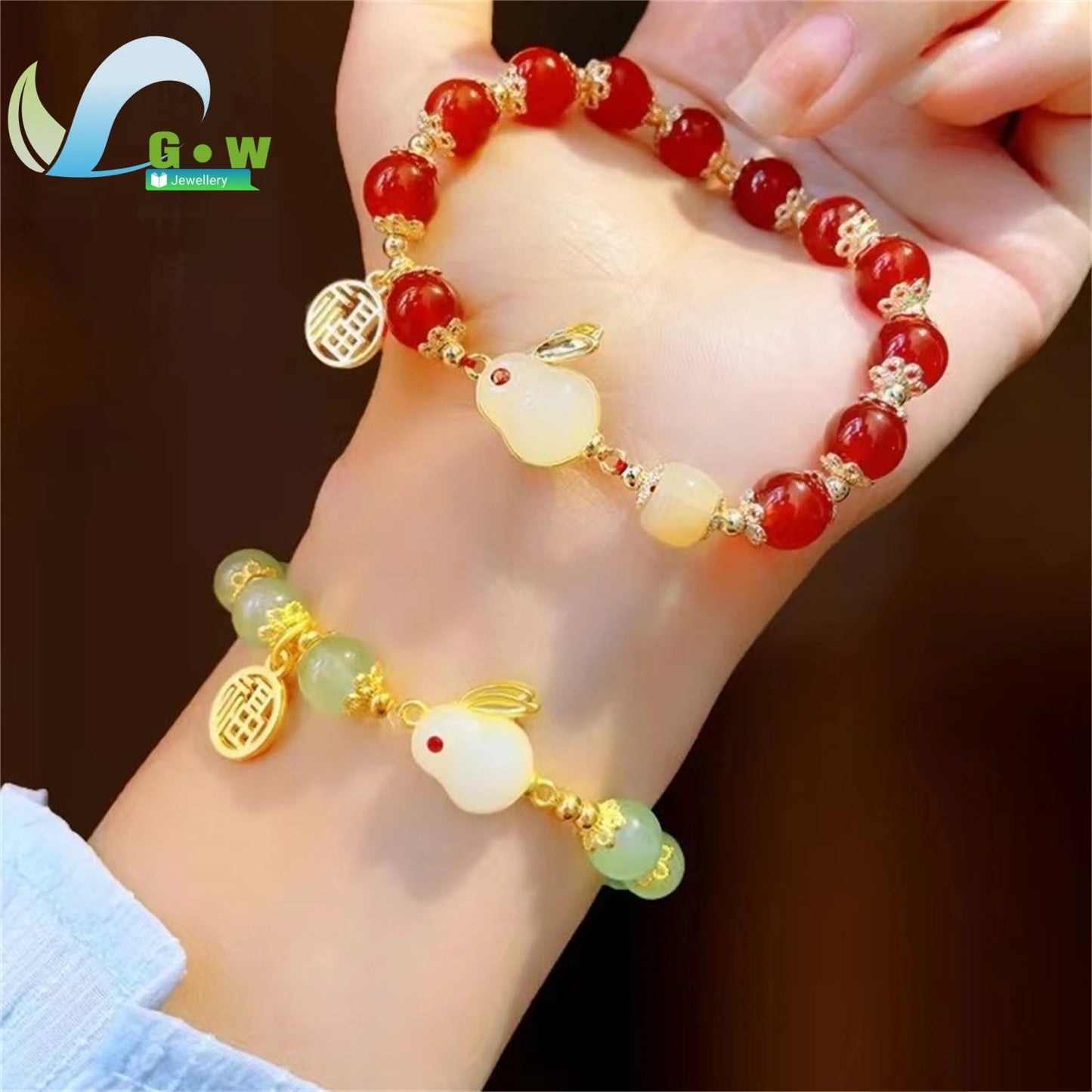 Segen Glückliches Paar Freundschaft Jade Kaninchen Armband Für Frauen Schmuck Dame Mama Geschenke Mode Naturstein Rot Runde 8mm Perle