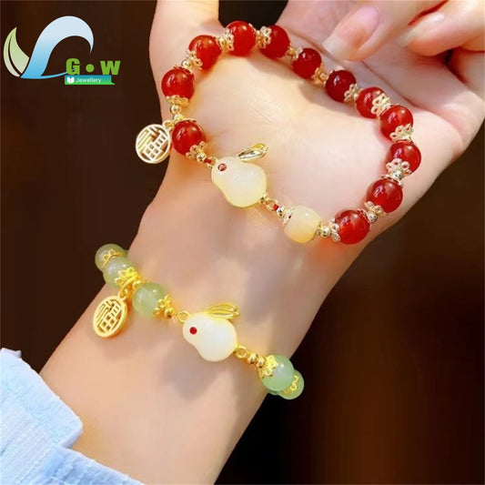 Segen Glückliches Paar Freundschaft Jade Kaninchen Armband Für Frauen Schmuck Dame Mama Geschenke Mode Naturstein Rot Runde 8mm Perle