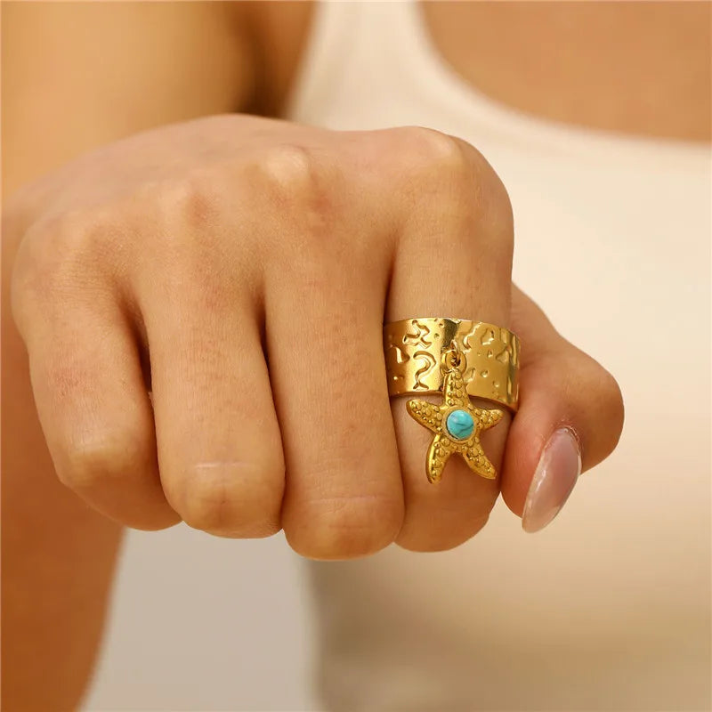 Mode Meer Tier Anhänger Ring für Frauen Runde Geometrische Joint Schmuck Mädchen Urlaub Edelstahl Charme Ringe Großhandel