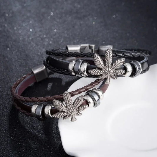Neue Mode Punk Leder Widerstehen Müdigkeit Armband für Männer Vintage Blatt Form Charme Armreifen Geschenk für Mann Großhandel Groß