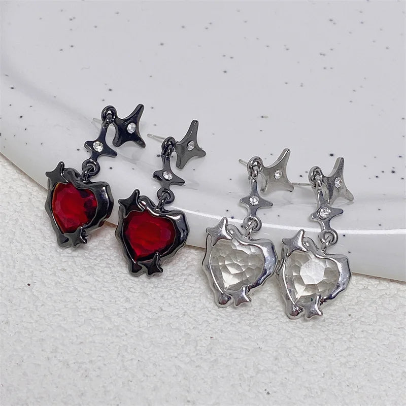 Y2K Goth Flüssigkeit Herz Kreuz Stern Anhänger Ohrringe Frauen Rot Zirkon Liebe Baumeln Ohrring Gothic Unregelmäßige Quaste Ohrringe Schmuck