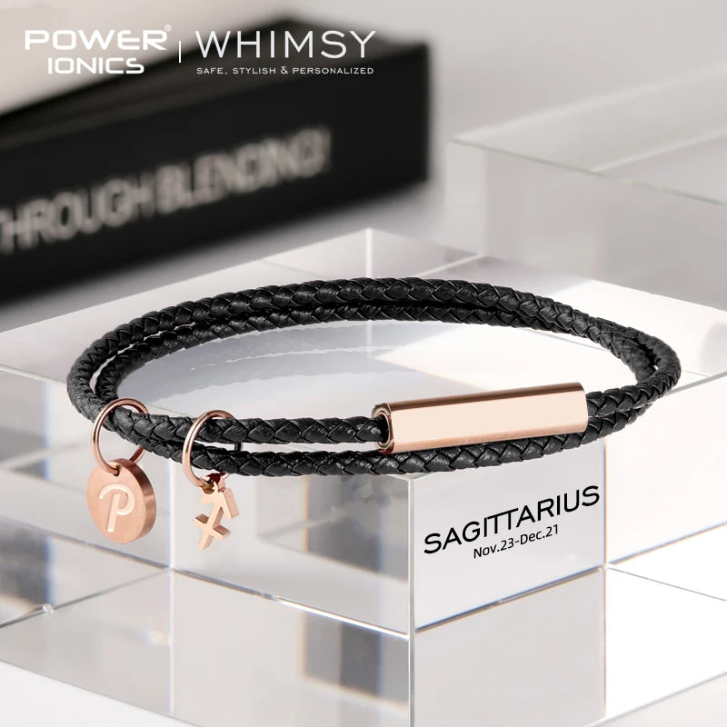 Power Ionics Launen 12 Zodiacs Serie Männer Frauen Echt leder Wrap Charm Armband Geburtstags tag Geschenke kostenlose benutzer definierte Gravur