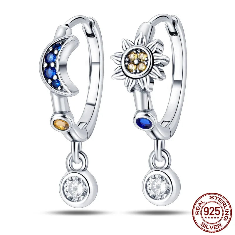 Leuchtende Muschel-Ohrringe für Damen, Original-Ohrringe aus 925er-Sterlingsilber, Pavé-CZ-Stern, Mond, Creolen, Verlobung, Hochzeit, Schmuck