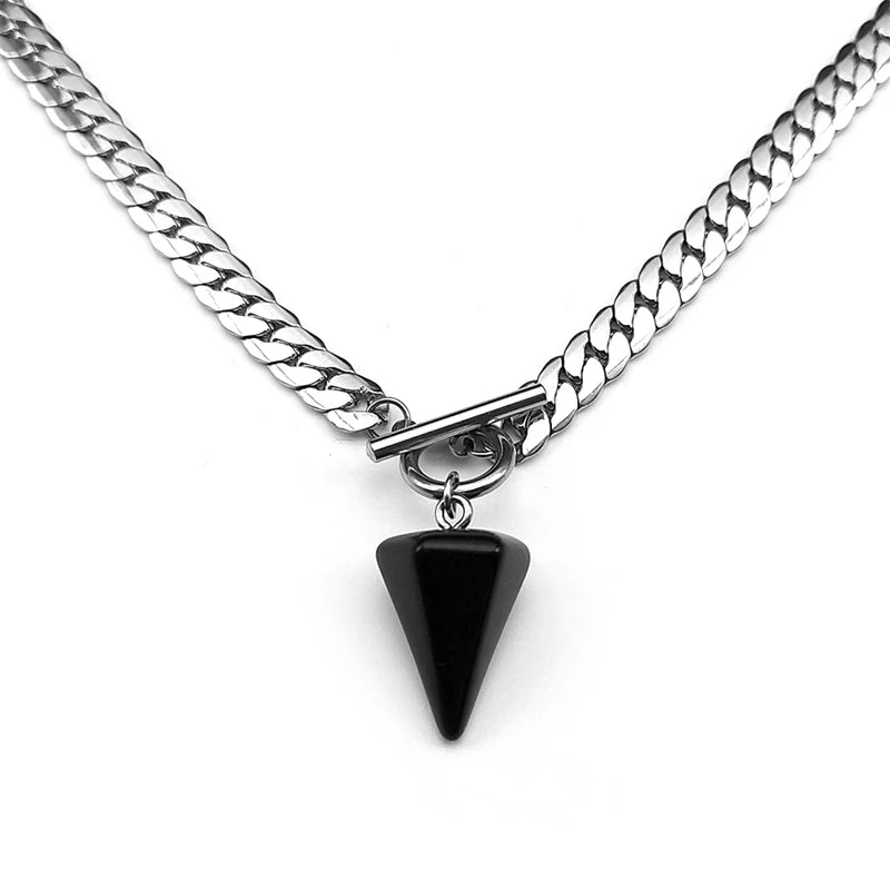 Goth Obsidian Reiki Heilung Pendel für Wahrsagerei Halskette Frauen Edelstahl Kette Kegel Anhänger Halsketten Schmuck NXS03