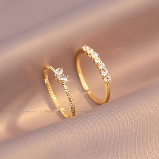 2 teile/satz Gold Farbe Herz Zirkon Ringe Set für Frauen Mädchen Einstellbare Minimalismus Luxus Twist Ring Mode Schmuck Hochzeit Geschenke