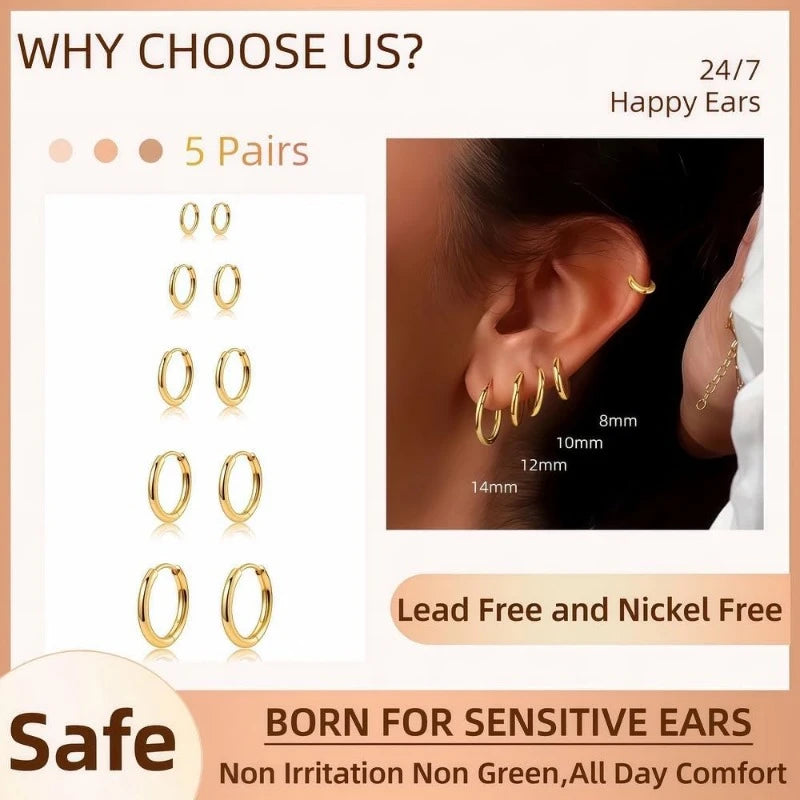 5 Paar 14 Karat vergoldete Huggie-Creolen für Damen, leicht, minimalistisch, kleine Creolen, mehrere Piercing-Stapel-Set-Ohrringe