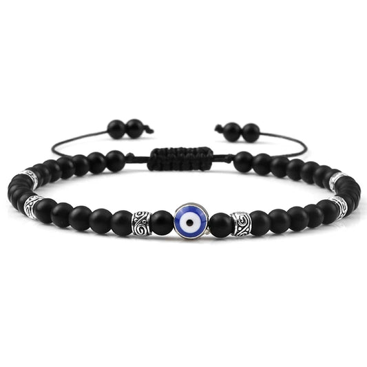 Evil Eye Armband, 4 mm, natürliche schwarze, matte Lavasteinperlen, handgefertigtes geflochtenes Armband für Männer und Frauen, Yoga, Reiki, verstellbarer Schmuck
