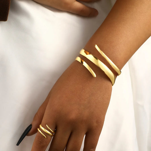 Mode Metall Offenes Armband & Ring Set Für Frauen Gold Silber Farbe Glatte Armreif Ringe Elegante Schmuck Zubehör