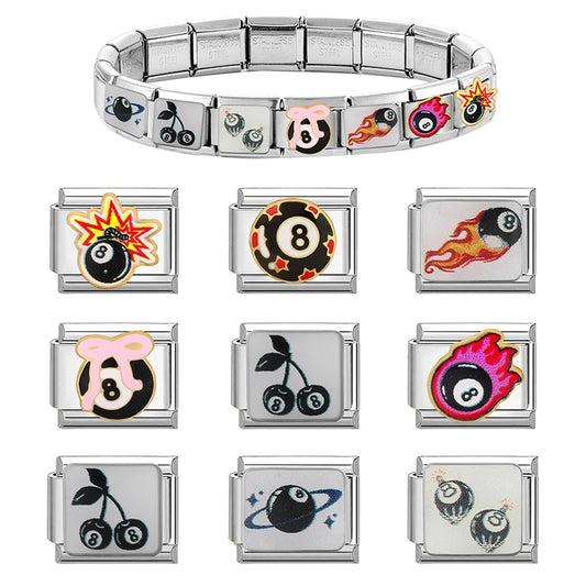 Schwarz Nr. 8 Kugelbombe Schleife Kirsche Planet Feuer DIY italienischer Charm Link Fit 9mm Edelstahl Armband Männer Frauen Mode Geschenke
