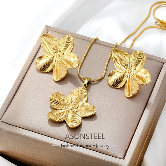 ASONSTEEL Trendy Edelstahl Blume Anhänger Halskette Ohrringe Schmuck Set Vergoldet Party Schmuck Dressing Ästhetische Geschenke