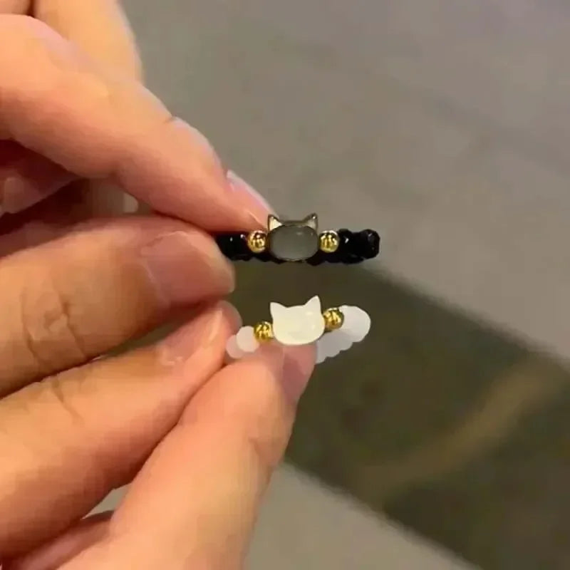 2 stücke Natürliche Mondstein Obsidian Ringe Perlen Minimalistischen Zappeln Ring Nette Schwarz Weiß Katze Ring Frauen Männer Party Zubehör Schmuck