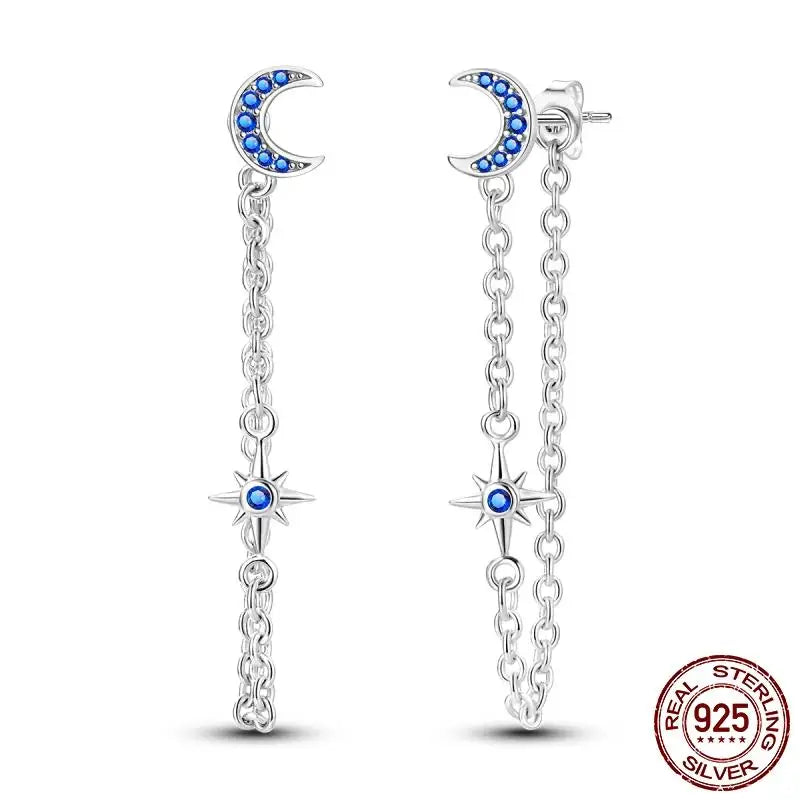 Leuchtende Muschel-Ohrringe für Damen, Original-Ohrringe aus 925er-Sterlingsilber, Pavé-CZ-Stern, Mond, Creolen, Verlobung, Hochzeit, Schmuck