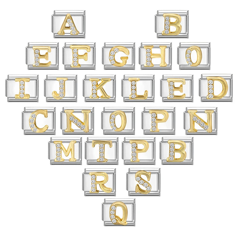 Neues modisches italienisches Armband mit 26 englischen Buchstaben, Edelstahl-Armreif, goldfarben, eingelegter Zirkonia, DIY-Herstellung von Schmuck, Geschenken
