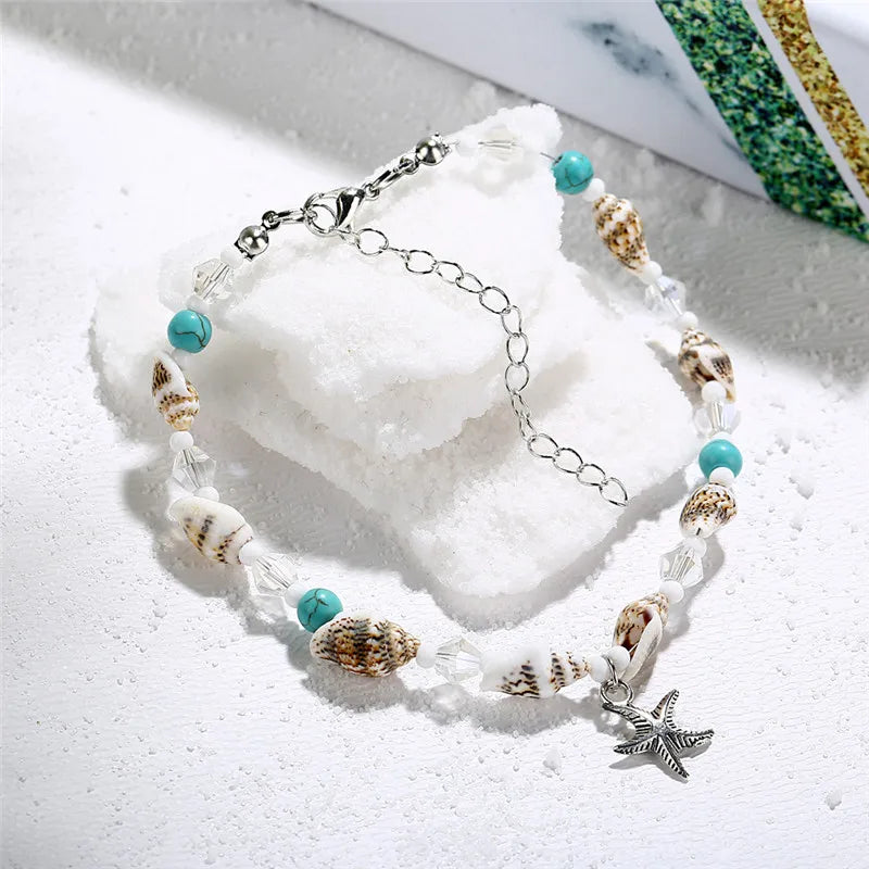 Modyle Vintage Silber Farbe Perlen Seestern Fußkettchen Für Frauen Handgemachte Perlen Knöchel Armband Sommer Strand Fuß Schmuck