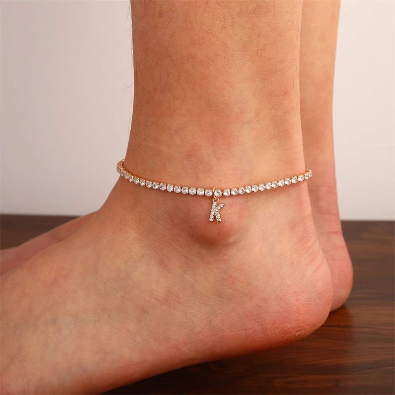 A-Z Fußkettchen mit 26 Anfangsbuchstaben für Frauen, Kristallzirkon, Alphabet, kubanische Gliederkette, Strandbein-Armbänder, böhmischer Schmuck, Geschenk